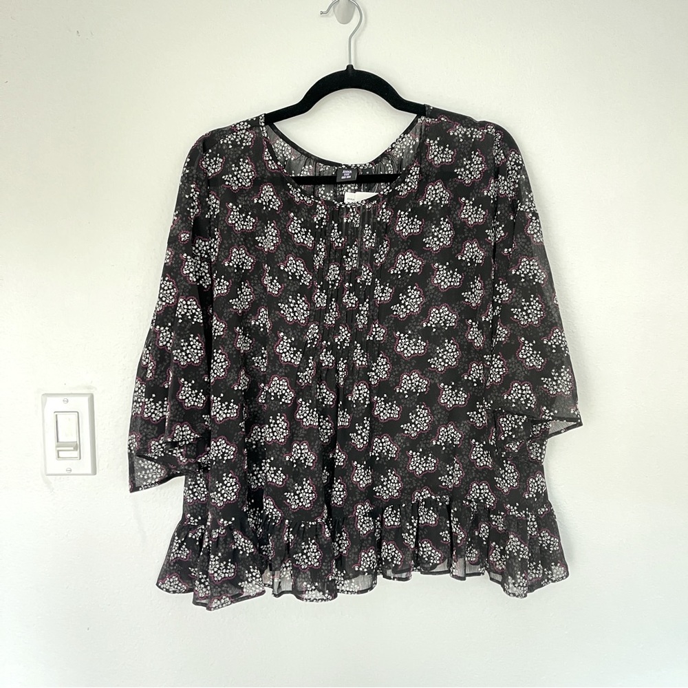 Anna Sui Black Floral Chiffon Ruffled Hem Blouse
